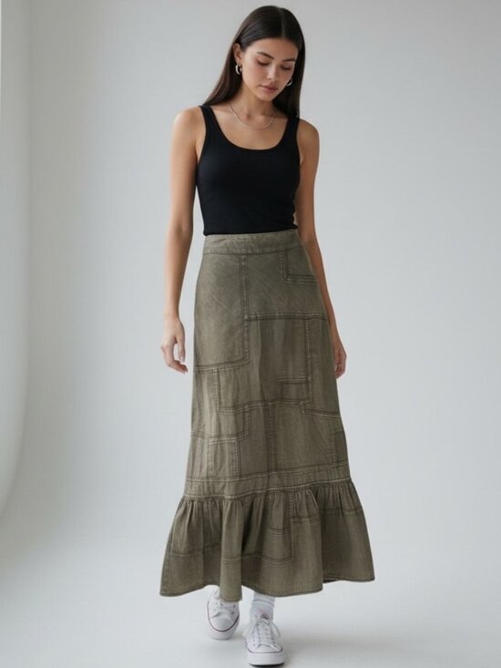 Fei Dresses & Skirts - Fei 100% Linen Patchwork Maxi Skirt Olive Green Tiered Boho Long Skirt Size 4